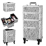 Rolling Makeup Train Case 4 Tiers，3 in 1 Aluminum Cosmetic Makeup Case Tattoo Box White Zebra Print(14.17 x 9.45 x 27.95) (L x W x H)
