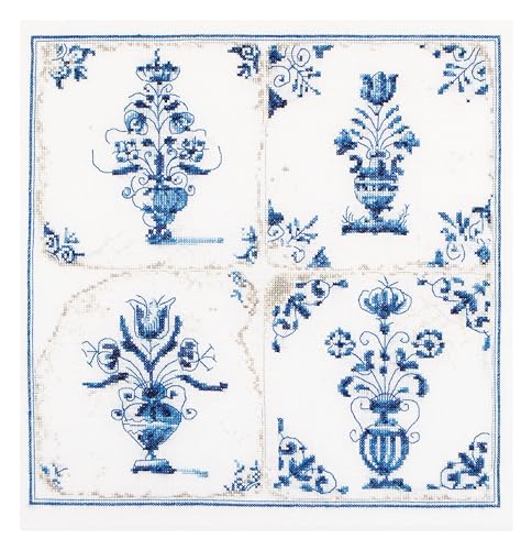 Image of Thea Gouverneur - Counted Cross Stitch Kit - Antique Tiles Flower Vases - Aida - 18 Count - Embroidery Kit for Adults - DMC Embroidery Threads and Other Cross Stitch Supplies Included - 483A