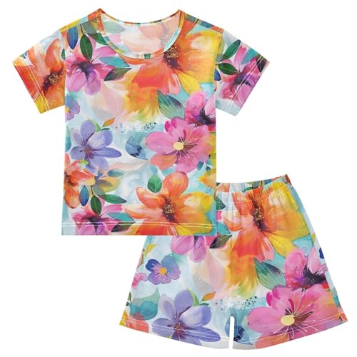 ALAZA Watercolor Blossom Floral Leaf Pajamas Short Sleeve 2 Piece Sleepwear Top and Bottom Pajama Set Unisex