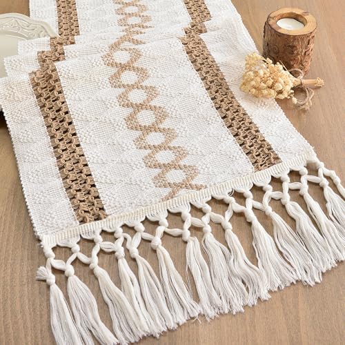FEXIA Boho Table Runner for Hoilday with Tassels 72 Inches Long for Rustic Farmhouse Home Decor Macrame Bohemian Pottery barn Furniture Table Decoration Dining Bedroom Decor (12x72 Inches)