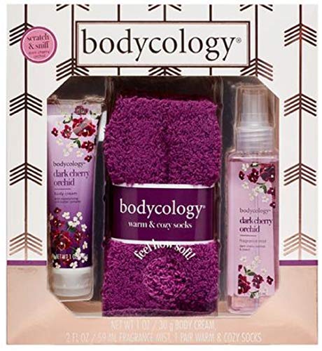 Bodycology Dark Cherry Orchid 3 Piece Gift Set. Body Cream, Fragrance Mist, 1 Pair Warm & Cozy Socks.