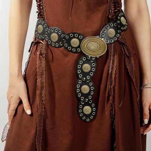 Oval Disc Belts for Women Wide Leather Concho Belt Boho Western Waist Belts for Dresses3
