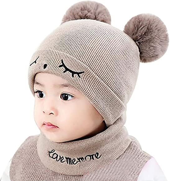 TRUE INDIAN Baby Boys Girls Knit Woolen Hat Cap Neck Scarf Soft Wool Warm Acrylic Lycra Monkey Beanie Winter Capset for Unisex Kids Neckset Cap