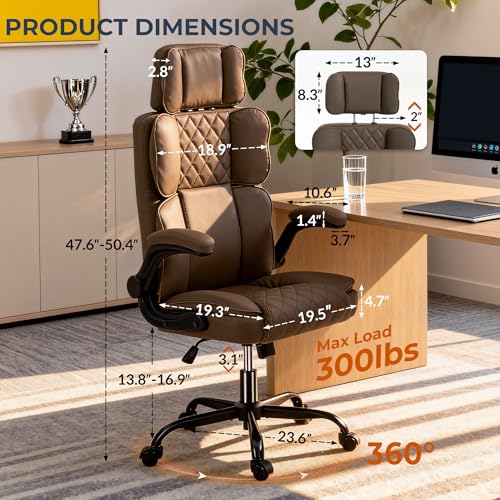 Image of Office Chair with Adjustable Headrest - Executive Leather Desk Chair for Home Office, with Flip-Up Arms & Ergonomic Lumbar Support, Perfect for Work and Study, Brown