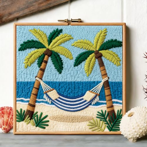 Image of BEUNITONE 2Set Punch Needle Kits with Beach Pre-Print Pattern Easy for Adults Beginners, DIY Craft Embroidery Needlepoint Kits, Punch Needle Set for Craft Lovers Home Decor Festival Gift 9.4x9.4 inch