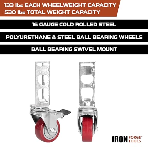 Image of Iron Forge Tools Rolling Storage Rack Caster Wheels Heavy Duty - Set of 4 Locking Castor 3 Inch 530 lb Capacity for Boltless Self Locking Shelving Racks, Nylon and Steel Ball Bearing Wheels