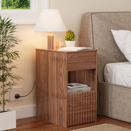 Image of Eongdon Fluted Nightstand, Mid Century Modern End Table with 2 Drawers and Open Storage, 11.7 inch W Narrow Bedside Table Organizer Compact Space Saving Night Stand for Bedroom, Sofa Side, Walnut
