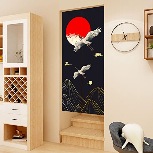 LIGICKY Noren Doorway Curtain Japanese Style Thickened Cranes Waves Gold Full Moon Printed Cotton Linen Window Treatment Door Tapestry for Home Decoration 85 x 180 cm - Image 2