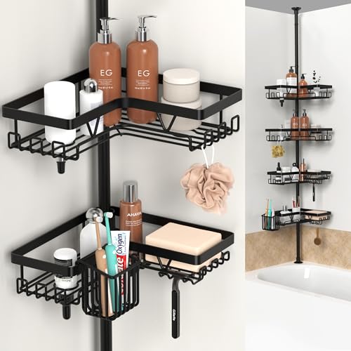 YIGII Estanteria Telescopica Baño, Estante de Ducha Sin Taladro y Portacepillos, Estantería de Ducha Esquinera Altura ajustable 63,5–290 cm, Negro Mate
