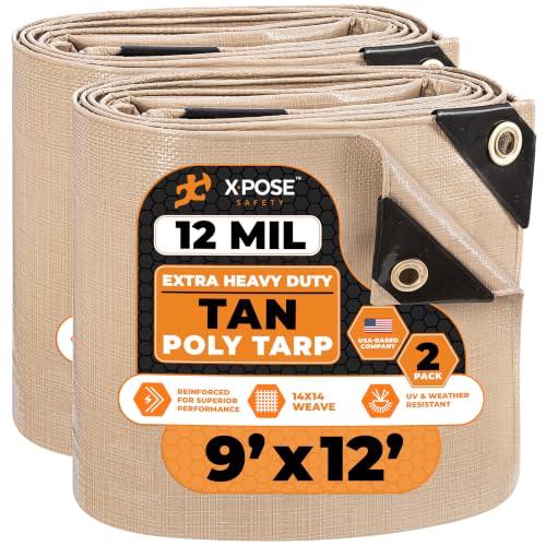 Heavy Duty Tan Poly Tarp 9' X 12' (2-Pack) - Multipurpose Protective Cover - Durable, Waterproof, Weather Proof, Rip and Tear Resistant - Extra Thick 12 Mil Polyethylene - by Xpose Safety