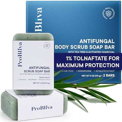 Antifungal Soap Bar with Tea Tree Oil & Charcoal, Exfoliating Scrub Soap for Body & Foot, Helps with Ringworm, Jock Itch & Athlete’s Foot, Antibacterial Body Wash Alternative for Men & Women, 2 Bars