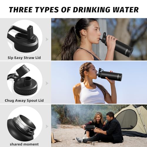 Image of 40oz Insulated Water Bottle (Cold for 48 Hrs),BPA Free&Leak Proof,Stainless Steel Water Flask,Water Jug with Straw Spout Lids for Gym,Hiking,Travel,Black