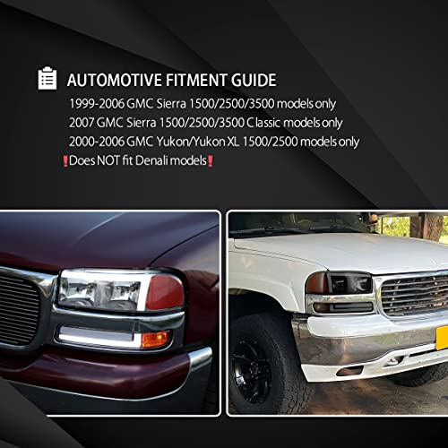 Autozensation Compatible With 1999-2006 Gmc Sierra Yukon 1500 Chrome Housing Clear Lens Headlights + Led Sequential Tube Bumper Lamps Left + Right Pair Headlamp Assembly #TOP4