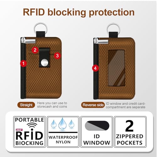Image of Minimalist RFID Blocking Small Wallet with ID Window,WaterResistant Zip Id Case Wallet with Lanyard Keychain for Cards,Cash,Travel,Women,Men (Brown)