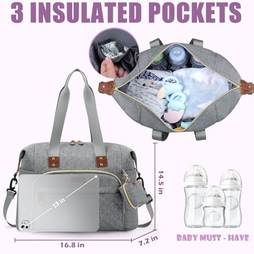 Image of Tuwubi Diaper Bag Tote,Baby Diaper Bag with Pacifier Case Large Travel Diaper Tote Caddy for Mom and Dad Multifunction Large Baby Bag - Light Grey