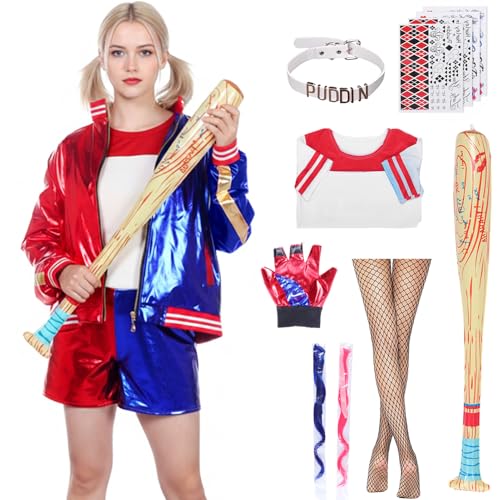 Formemory Quiinn Kostüm Damen,Halloween Karneval Kostüm Faschingskostüme mit Handschuhe Jacke T-Shirt Shorts Netzstrümpfe für Halloween Karneval...