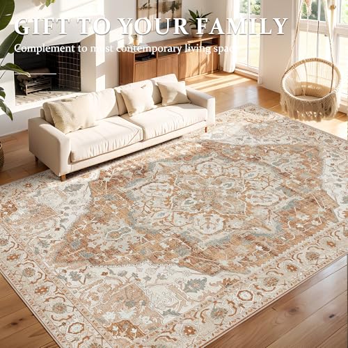 Deerly Large Washable Area Rug 8x10 for Living Room Bedroom Boho Vintage Oriental Rug for Dining Room Non-Slip Soft Low-Pile Farmhouse, Caramel/Beige/Multi