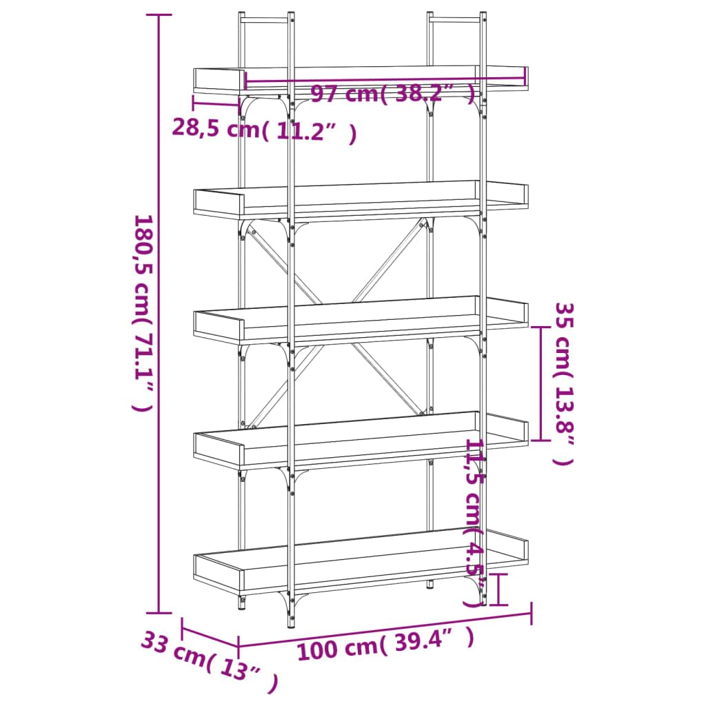 Generisch Bücherregal 5 Böden Grau Sonoma 100x33x180,5 cm Holzwerkstoff,Möbel,Regalsysteme,Bücherregale Bücherschränke-837700
