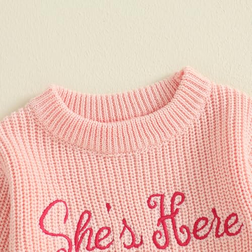 Newborn Girl Clothes She's Here Embroidered Baby Ruffle Romper Winter Long Sleeve Birth Announcement Outfit4
