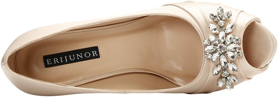 ERIJUNOR Peep Toe Mid Heels for Woman Rhinestones Satin Evening Prom Wedding Shoes - Image 4