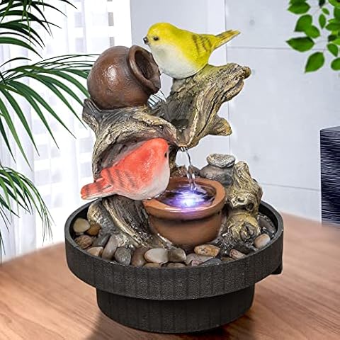 Ferrisland Tabletop Fountain Birds Waterfall Desktop Electric Water Fountain Decor w/LED Cover