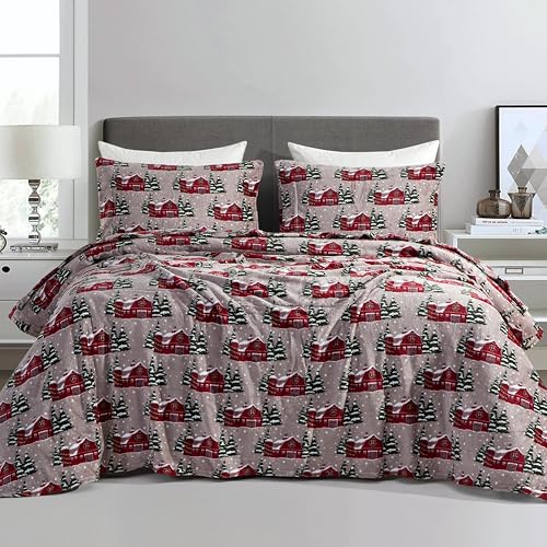 Elegant Comfort Luxuriously Soft 4-Piece Holiday Velvet Plush Flannel Sheet Set - Premium Quality - Cozy Warm, Christmas Fuzzy Velvet Flannel Fleece Deep Pocket Sheet Set - Twin XL, Snowybarn