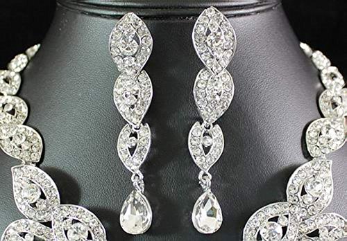 Large Floral Clear White Austrian Rhinestone Crystal Bib Statement Necklace Earrings Set Party Bridal Prom Pageant Wedding N1581 Silver #TOP3