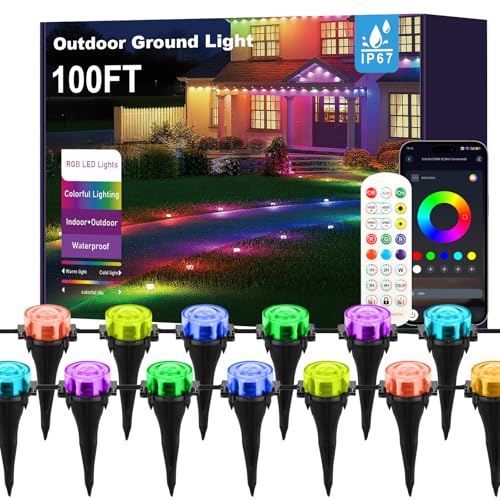 Outdoor Ground Lights, 100FT Smart RGB Pathway Lights with APP/Remote Control, Music Sync, Timer...