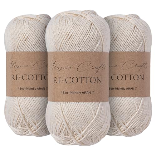 Utopia Crafts Re-Cotton - Filato per maglieria, 3 pezzi, 100 g (crema)
