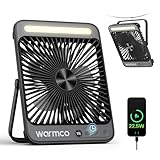 Warmco D4 Pro Camping Ventilator, 20000mAh 22.5W 27cm Ultraflach Akku Ventilator mit Lampe, 15-48 Std. Laufdauer, Timer, Haken, Tragbare Tischventilator für Zelt, Schlafen, Freien, Wohnmobil