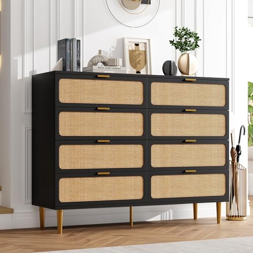 Garvee Rattan Dresser with 8 Drawers, Tall Modern Closet with Deep Storage, Large Chest of Drawers with Wide Top, Long Wooden Dresser for Bedroom, Liv