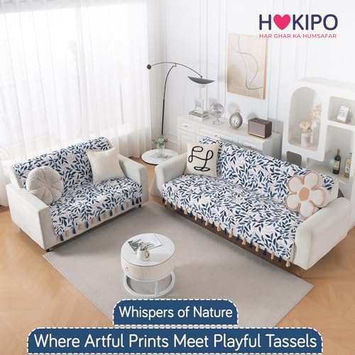 Image of HOKIPO Premium Holland Velvet Sofa Cover with Tassel 5 Seater (3+2) | Full Protection for Sofa Seat and Back | 'Whispers of Nature' | Indigo Foliage (IN-1127+1126-D10)