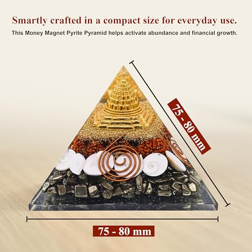 Image of JD FRESH Pyrite Pyramid with Rudraksha, Gomati Chakra, Shree Yantra /Vastu Wealth & Protection Pyramid for Home /Office Business /Feng Shui Crystal for Money Success Positive Energy