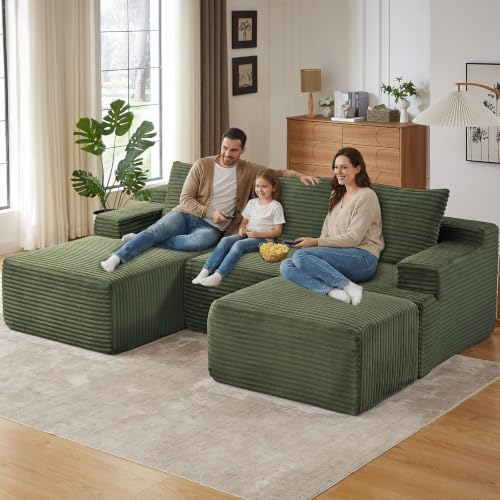 Image of 96 inch U-Shape Cloud Couch, Modern Modular Sectional L-Shape Sofa with Ottoman, Corduroy Upholstered Couches Deep Seat Sleeper Chaise Longue for Living Room, No Assembly Required(Green, Left Facing)
