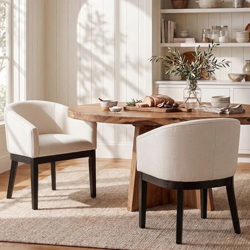 HNY Barrel Dining Chairs Set of 2, Mid Century Modern Upholstered Dining Chairs with Arms, Linen Kitchen & Dining Room Chairs, Solid Wood Frame Accent Chairs for Kitchen, Apartment, Cream