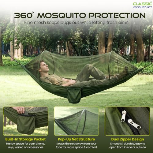 Image of Portable Camping Hammock by Classic Mosquito Net, Dark Green Nylon Hanging Swing with Carabiners for Hiking, Camping, Backpacking & Outdoor Travel