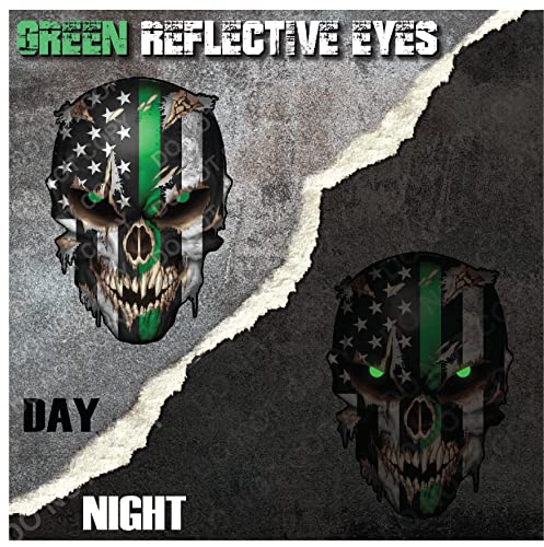 Image of Military Sticker - Thin Green Line Premium Skull Stickers for Trucks and Cars - American Flag Stickers with White Reflective Eyes Skull