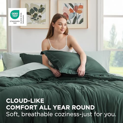Image of Bedsure Full Size Comforter Set - 7 Pieces Forest Green Full Bedding Set for All Seasons, Boho Contrasting Design Bed in a Bag with Comforter, Sheets, Pillowcases & Shams