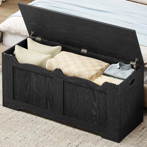 Image of Hzuaneri 43.3 inch Storage Chest, Extra Large Storage Bench Trunk with 2 Hinges, Wooden Box, Lift-Top Chest Organizer, Shoe Bench for Entryway, Bedroom, Living Room, Black SB25504X