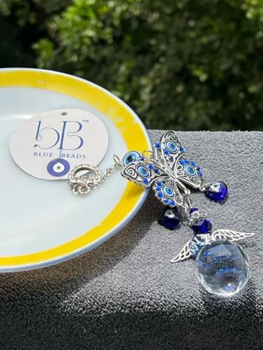 Image of BLUE BEADS Turkish Feng Shui Vastu Blue Glass Evil Eye Hanging /Door Hanging Nazar Batu for Protection and Good Luck - Perfect for Gifting Home or Office (SUNCATCHER-BTRFLY)