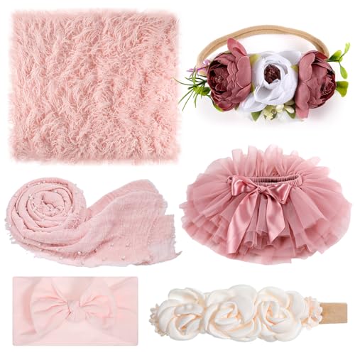 Image of Cutecrop 6 Pcs Newborn Photography Props Outfits Included Wraps Blanket Fluffy Tutu Skirt and Baby Headbands Newborn Photoshoot Outfits for Infant Boys Girls