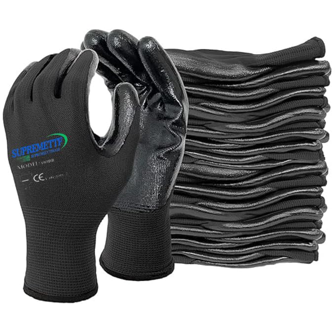 Supreme TTF 24 Pairs PREMIUM NITRILE COATED Black Nylon Work Gloves Builders, Gardening Grip Gloves, Constuction Gloves, Mechanic Gloves (Medium-8)