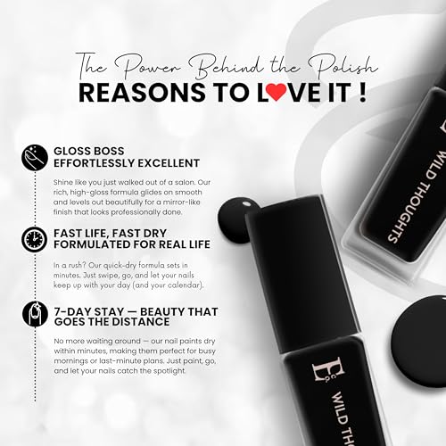 Image of Ellement Co Wild Thoughts Nail Paint 10 ML | Deep Black Nail Colour with High Gloss Finish | Long Lasting & Chip Resistant Formula | Smooth Professional Application | Vegan, Non-Toxic & Paraben Free Nail Polish for Bold, Goth, Party, Night Looks & Statement Glam