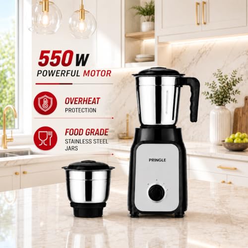 Image of Pringle Bolt 550W 2 Jar Mixer Grinder for Kitchen | 2 SS Jars (Wet & Dry Grinder & Chutney) | Stainless Steel Blades | Compact & Powerful | 2 Yr Warranty | Black Silver