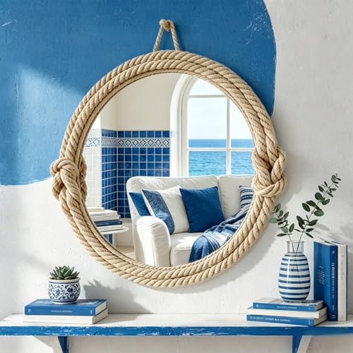 Round Hanging Mirror Nautical Rope Wall Decor for Living Room Bedroom Entryway Bathroom Coastal Rustic Farmhouse Decorative Wall Mirror Beach Style Home Accent (20 Inch Round Hanging Mirror)