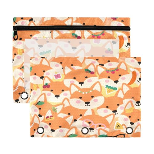 Carpetas con ventana transparente de dibujos animados, lindo zorro, naranja, gran capacidad, carpetas de bolsillo para 3 para guardar suministros escolares y de oficina, 2 unidades