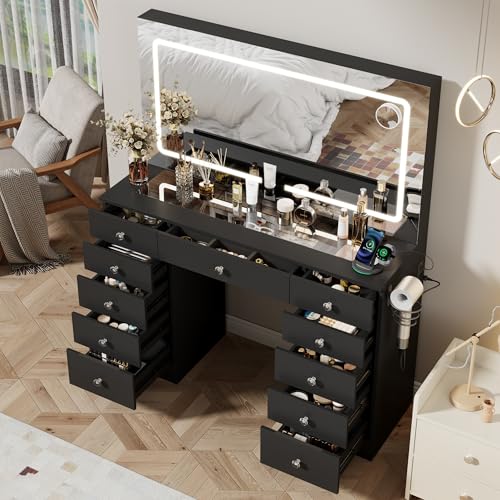 Otterease Vanity Desk with Mirror and Lights 11 Drawers Makeup Vanity Desk with Tempered Glass top 3 Lighting Modes Adjustable Brightness Black Vanity with Magnetic 5X Magnifier for Bedroom