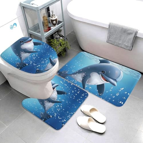 Dwrepo Dolphin Print Bathroom Rug Set 3 Piece with Non-Slip U-Shaped Contour Mat and Toilet Lid Cover for Bathroom Decoration