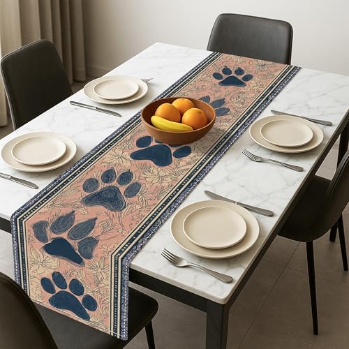 Tischläufer mit Pfotenabdruck, rustikale böhmische Tierabdrücke, Esszimmer-Dekoration für Zuhause, Familienfeiern, Katzen- und Hundeliebhaber, Geschenke, 33 x 183 cm