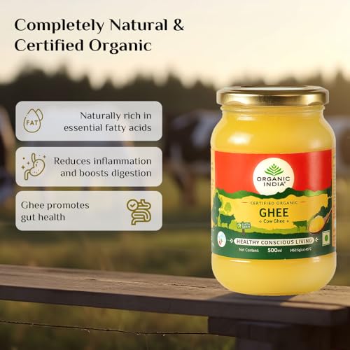 Image of Organic India Pure Cow Ghee, 500ml | Labs Tested on 250+ Parameters | Certified Organic | Glass Bottle | Sourced from Organically Fed Cows | Authentic Taste, Rich in Healthy Fat (Pack of 2)